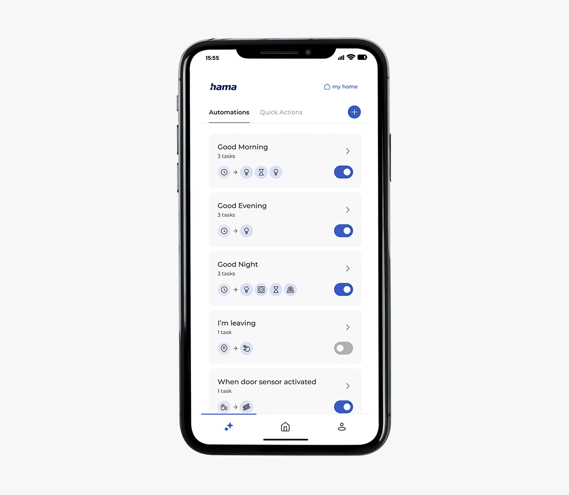 Hama Home app on smartphone, settings, automations.