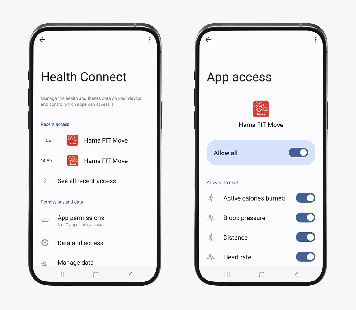 Image 1 : Exemple de capture d'écran pour les réglages de l'application Health Connect, aperçu des derniers accès ainsi que des autorisations et des données.<br>Image 2 : Exemple de capture d'écran de l'application Hama FIT Move avec les accès et les dr