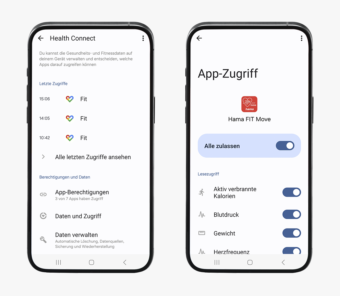 Bild 1: Screenshot-Beispiel für App-Einstellungen zu Health Connect, Übersicht mit letzten Zugriffen sowie Berechtigungen und Daten<br>Bild 2: Screenshot-Beispiel Hama FIT Move App mit erlaubten Zugriffen und Schreibrechten, z.B. "Aktiv verbrannte Kal."
